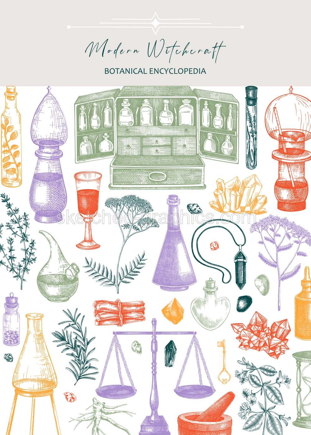 Antique apothecary flyer design. Herbal medicine hand-drawn vector illustrations. Alchemy sketches in color. NOT AI generated Illustration